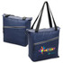 A navy blue cooler bag with a zippered front pocket and dual shoulder straps. It features a logo on the front.