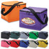 A selection of cooler bags in various colours, featuring a logo on one bag. The bags have black straps and zip closures.