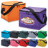 A cooler bag in orange and purple, featuring various other colours including grey, pink, green, blue, and black. It has a logo.
