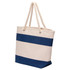 A cotton canvas tote with a cream base and navy blue stripes, featuring sturdy rope handles and a logo.