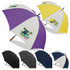 A set of umbrellas featuring purple, yellow, black, and navy designs, each with various graphic prints and a logo.
