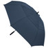 A navy blue umbrella with a sturdy handle and a smooth canopy, featuring a logo on the handle.