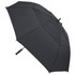 A black umbrella with a straight handle and a simple design. It features a logo on the handle.