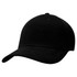 A black cap with a curved brim and a fitted design. It includes a logo on the front.