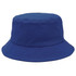 A blue bucket hat with a wide brim, featuring a small hole and a simple design.