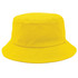 A yellow bucket hat featuring a branded logo, designed for casual headwear.