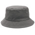 A grey bucket hat with a wide brim and a small branding logo. Ideal for casual wear.
