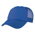 A blue foam mesh trucker cap featuring a solid front panel and a breathable mesh back, with a logo on the front.