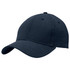 A dark navy cap made from hemp, featuring a rounded crown and a curved brim. It includes a branding logo.