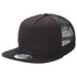 A black trucker cap with a flat peak and mesh back, featuring a logo on the front.