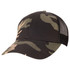 A trucker cap in black camo design with mesh backing and a curved brim. Features a logo on the front.