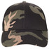A black and green camo trucker cap featuring a curved brim and an adjustable back strap. It includes a logo.