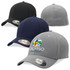 A collection of caps in black, navy, and grey, featuring a logo on the front of one cap.