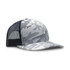 A grey camo trucker cap featuring a mesh back and a curved brim, with a branding logo on the front.