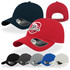 A collection of caps in various colours, featuring a curved visor and a logo on the front.