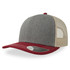 A grey and maroon trucker cap with a mesh back and a curved brim. It features a logo on the front.