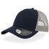 A navy trucker cap with a curved visor and a mesh back, featuring a logo on the side.