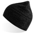 A black beanie with a textured pattern and a pointed top, featuring a logo.