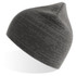 A grey beanie with a textured pattern and a pointed top. It features a logo on the side.