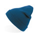 A dark blue beanie with a ribbed texture, featuring a small logo on the side.