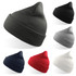 A collection of beanies in various colours: grey, black, red, navy, white, and light grey, featuring a logo.