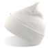 A white beanie made from recycled polyester, featuring a ribbed design and a branded logo.