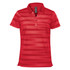 A red women's polo shirt with horizontal stripes and a collared neckline, featuring a logo on the label.