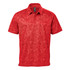 A red men's polo shirt featuring a textured geometric pattern and a collar. Includes a logo on the chest.