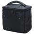 A black cooler bag with a zippered top, carrying handle, and external pockets, featuring a logo.