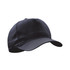 A black cap with a curved brim and an enclosed back, featuring a logo on the front.