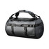 A black and grey waterproof duffle bag featuring adjustable straps and a branding logo.