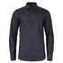 A button-up shirt in black with long sleeves and a collar, featuring a front button placket and a subtle logo.