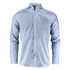 A button-up shirt with a light blue and white striped pattern, featuring a collared neck and long sleeves.
