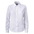 A white button-up shirt with long sleeves and a collared neckline, featuring a logo on the chest area.