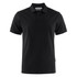 A black modern cotton polo shirt with a collar and three buttons, featuring a logo on the side.