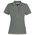 A women's polo shirt in a dark grey shade featuring a collar and a placket with buttons. It has a logo.
