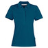 A teal women's cotton polo shirt with a classic collar and a fitted design, featuring a logo.