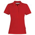 A red women's polo shirt featuring a collar and a branding logo. The shirt is made of cotton.