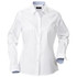 A white button-up shirt for women featuring a classic collar and long sleeves with contrasting cuffs. It has a logo on the label.