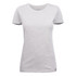 A light grey women's crew neck t-shirt with short sleeves and a logo at the hem.