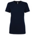 A navy women's boyfriend tee with short sleeves and a relaxed fit. It features a branding logo on the label.