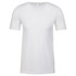 A plain white short-sleeve crew neck t-shirt with a logo on the side.