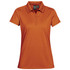 A women's polo shirt in vibrant orange, featuring a classic collar and a logo.