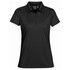 A black women's polo shirt featuring a collar and buttons, designed for casual or athletic wear.