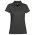 A women's polo shirt in dark grey with a collar and a logo on the label.