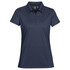 A navy blue women's polo shirt with a classic collar and a logo on the label.