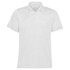A white polo shirt with a collar and buttons, featuring a logo on the chest.