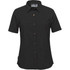 A black women's button-up shirt with short sleeves, featuring a textured pattern and a logo tag.