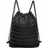 A black drawstring bag with a quilted design and adjustable straps. It features a logo on the front.