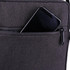 A black shoulder bag featuring a zippered pocket with a smartphone partially visible. The bag has a simple, sleek design.
